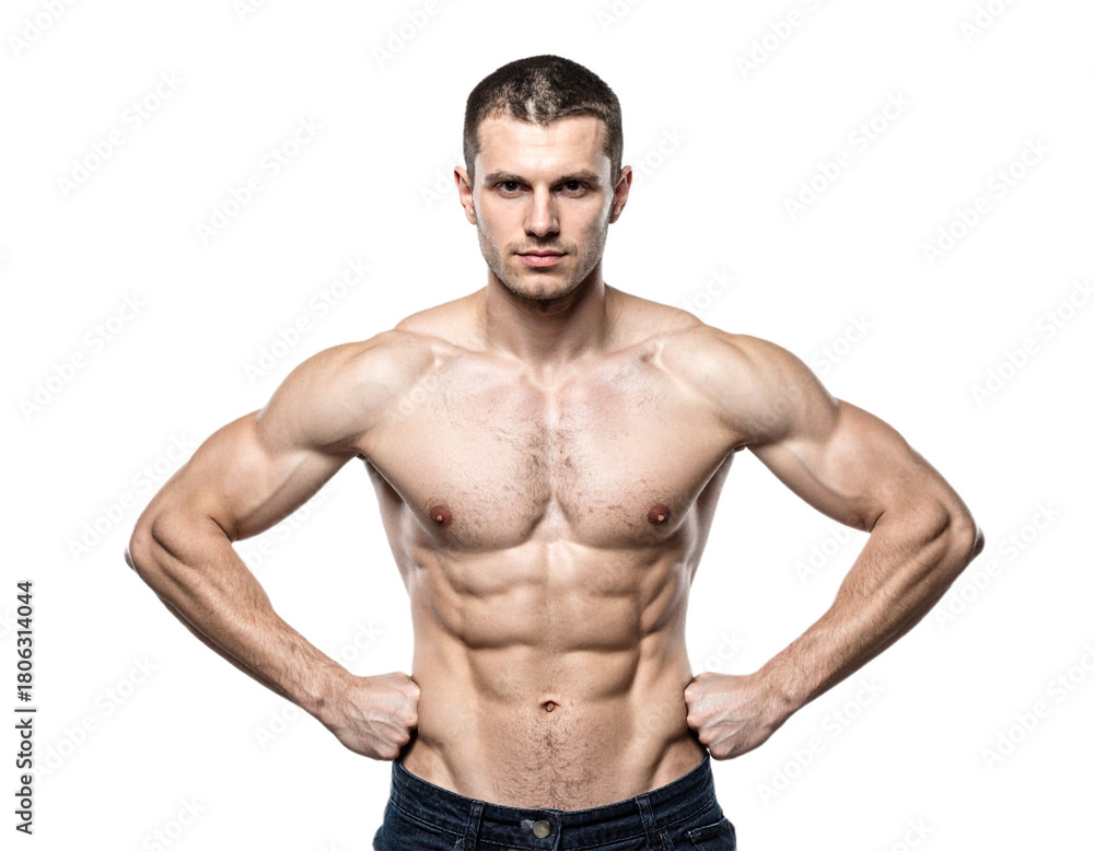 Fototapeta premium Muscular man posing with hands on hips isolated on white background, transparent PNG