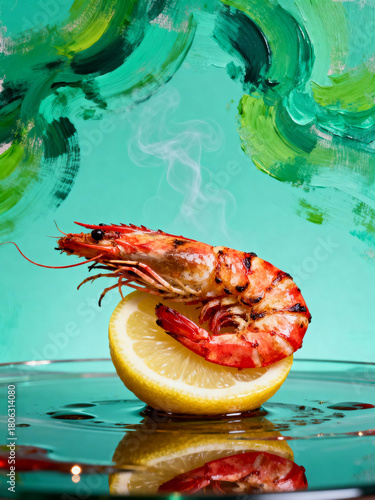 Fried shrimps with lemon in water on a green background
