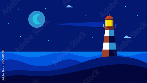 Stylized lighthouse shines its beam across the ocean under a crescent moon and starry night sky