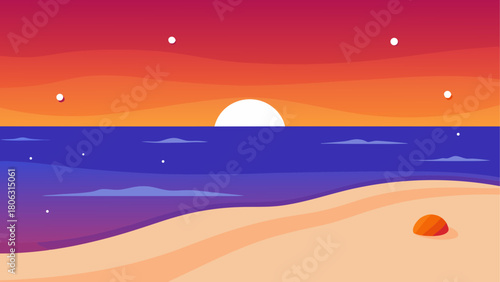 Minimalist sunset over the ocean with a sandy beach and a single rock