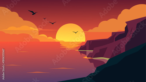 Vibrant sunset over the ocean with dramatic cliffs and flying birds