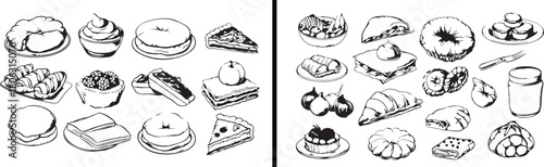 pie and dessert illustration, sweet food vector, bakery pastry drawing, homemade pie clipart, tart dessert artwork, dessert menu design, hand drawn food collection, bakery dessert outline, vintage swe