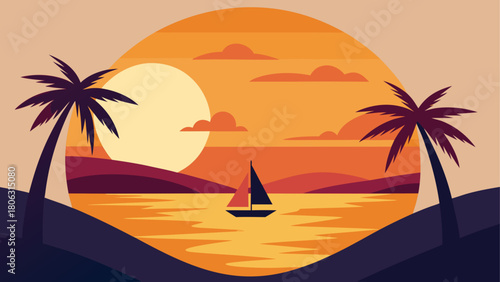 Tropical sunset with palm trees and a sailboat on the ocean