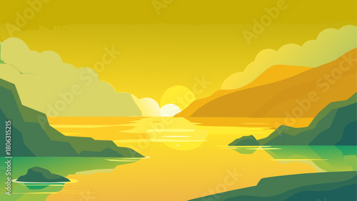 Serene sunset over a calm lake with reflections and distant mountains