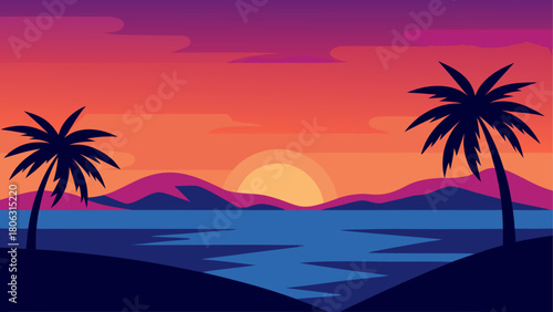 Vibrant tropical sunset over the ocean with silhouetted palm trees and distant mountains