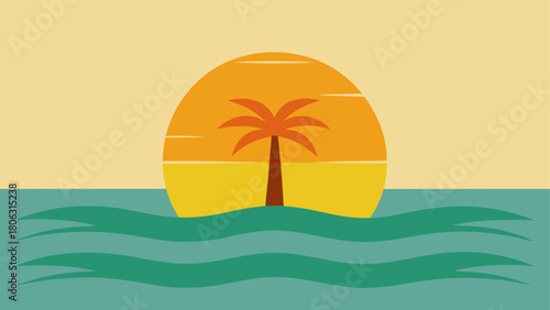 Stylized palm tree silhouette against a large orange sunset over the ocean