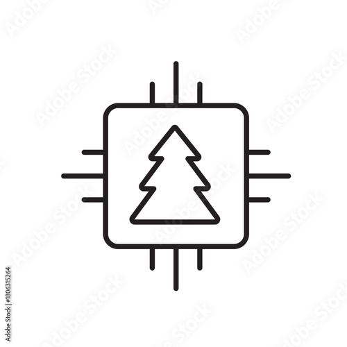 A vector icon representing a Christmas tree integrated into a microchip, created in line style with editable stroke