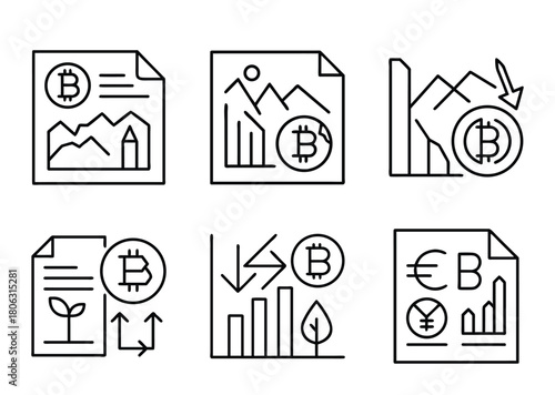 Bitcoin cryptocurrency analysis reports and financial diagrams, stock market trends, icons