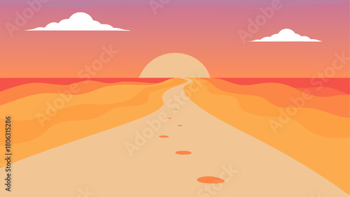 Desert landscape with footprints leading to the sunset over the ocean