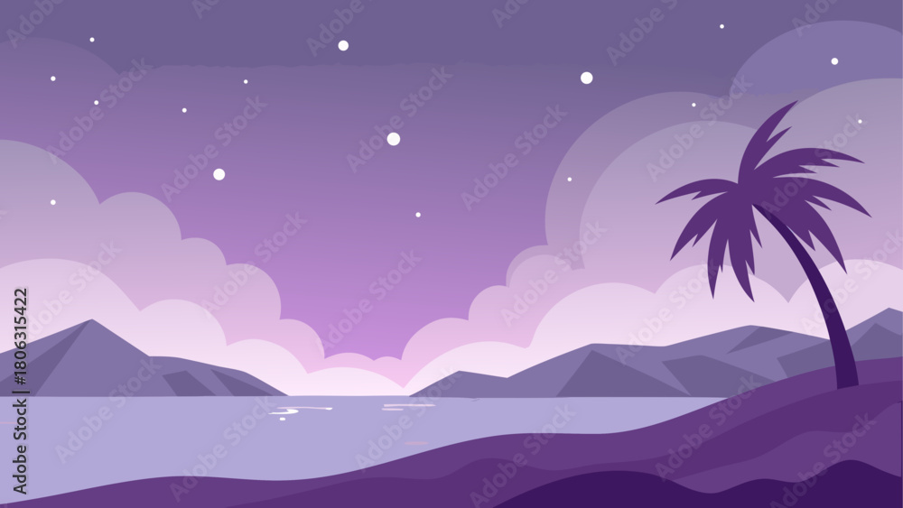 Naklejka premium Serene purple landscape with mountains ocean clouds and a palm tree under a starry sky