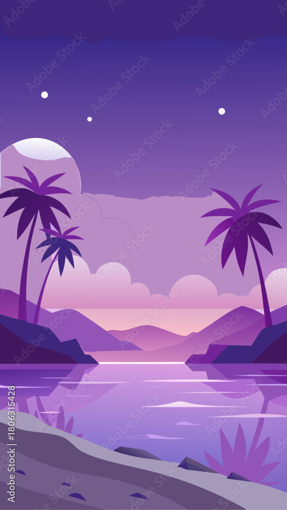 Naklejka premium Serene purple tropical landscape with palm trees and calm water at twilight