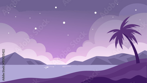 Serene purple landscape with mountains ocean clouds and a palm tree under a starry sky