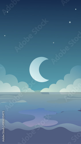 Minimalist crescent moon and clouds over a calm body of water at night