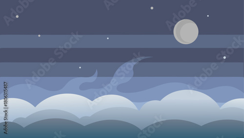Dreamy night sky with moon and clouds in flat design style
