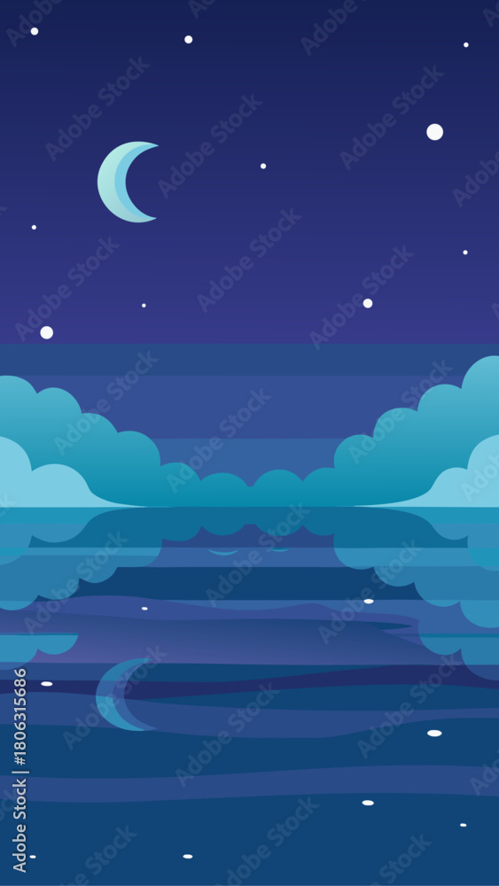 Fototapeta premium Stylized night sky with a crescent moon and clouds reflected in calm water