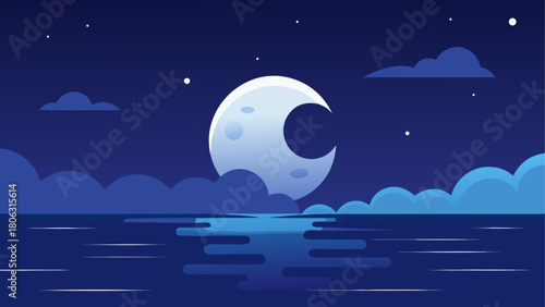 Stylized crescent moon over calm water under a starry night sky