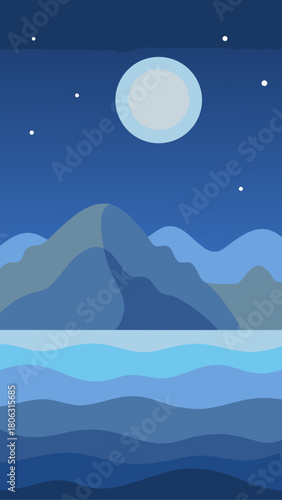 Minimalist flat illustration of a serene night landscape with a full moon over mountains and water