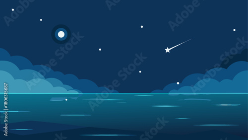 Stylized night sky over calm ocean with moon and shooting star