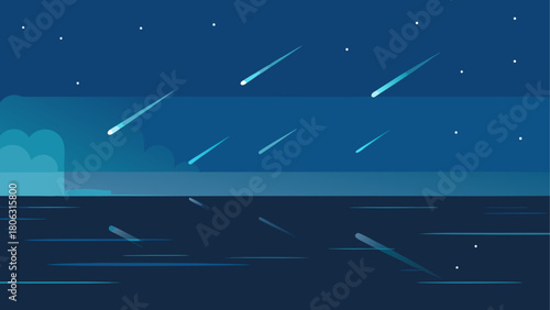 Stylized flat illustration of a meteor shower over water at night