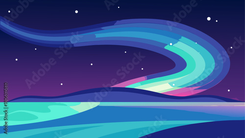 Vibrant abstract aurora borealis over calm water under a starry night sky