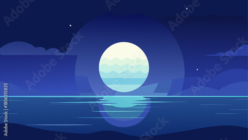 Stylized full moon reflected on calm ocean water at night with clouds and stars