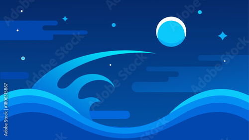 Stylized blue ocean waves under a starry night sky with a moon