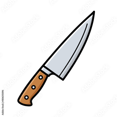 A charming, hand-drawn cartoon illustration of a sharp chef's knife with a metallic blade and a rustic wooden handle, ideal for culinary themes.