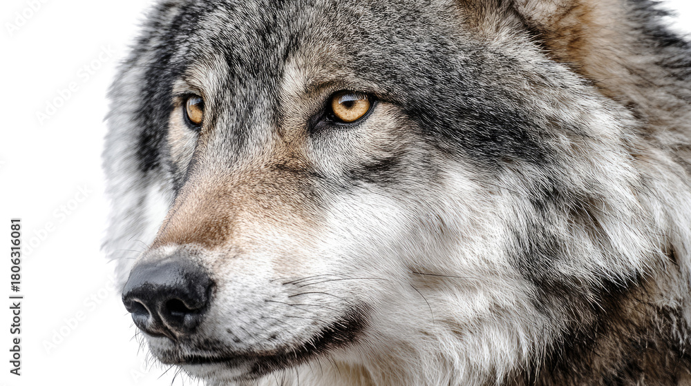 Fototapeta premium Detailed portrait of majestic wolf wildlife animal showcasing intense expression, thick fur texture and powerful natural beauty in sharp focus isolated on white background