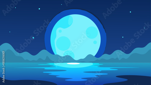 Stylized illustration of a large blue moon over a calm ocean at night with distant mountains and stars