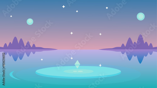 Calm surreal landscape with a glowing diamond on a tranquil lake at twilight