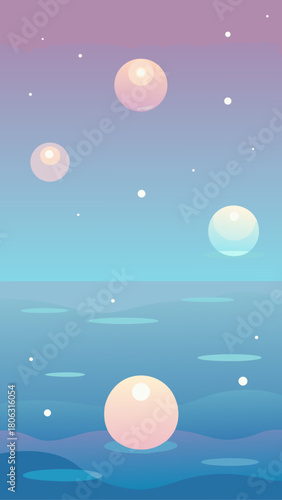 Abstract digital art of glowing orbs floating on water with a pastel sky