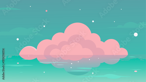 Stylized pink cloud reflecting on calm turquoise water with small white dots