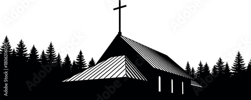 Silhouette of a chapel with cross amidst pine forest, spiritual scene