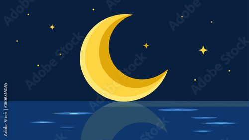Yellow crescent moon and stars reflected in water at night