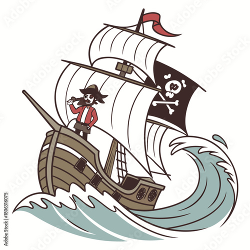 Cartoon illustration of a pirate ship with a pirate on deck, sailing through stylized ocean waves with a skull and crossbones flag.