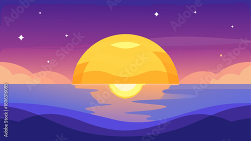 Vibrant sunset over calm ocean with reflection and stars in purple sky