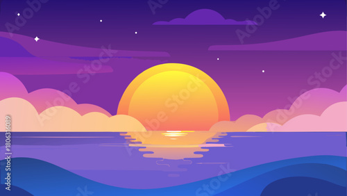 Vibrant sunset over calm ocean with stylized clouds and stars