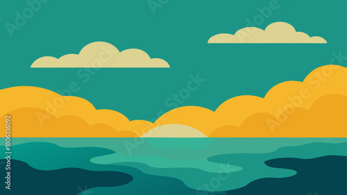 Stylized flat illustration of a sunset over a calm ocean with clouds in a teal sky