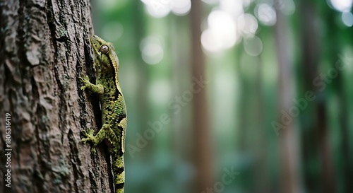 Camouflaged gecko clings to tree bark in lush forest environment.
