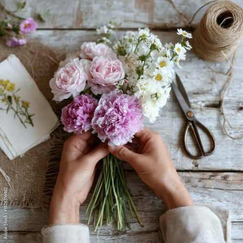 Fototapeta Naklejka Na Ścianę i Meble -  Hands arranging a rustic bouquet with peonies and daisies.