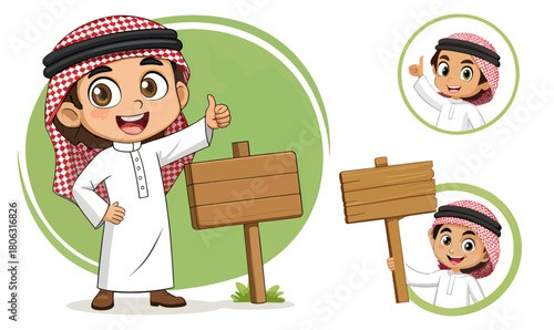 Cheerful Arab Boy Cartoon Character Set, Traditional Thobe & Keffiyeh Poses, Arab boy cartoon, Arab character illustration, thobe cartoon boy, keffiyeh cartoon kid, Middle Eastern boy art, smiling, 
