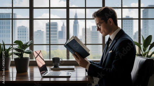 Businessman reading a book in front of a window with city view