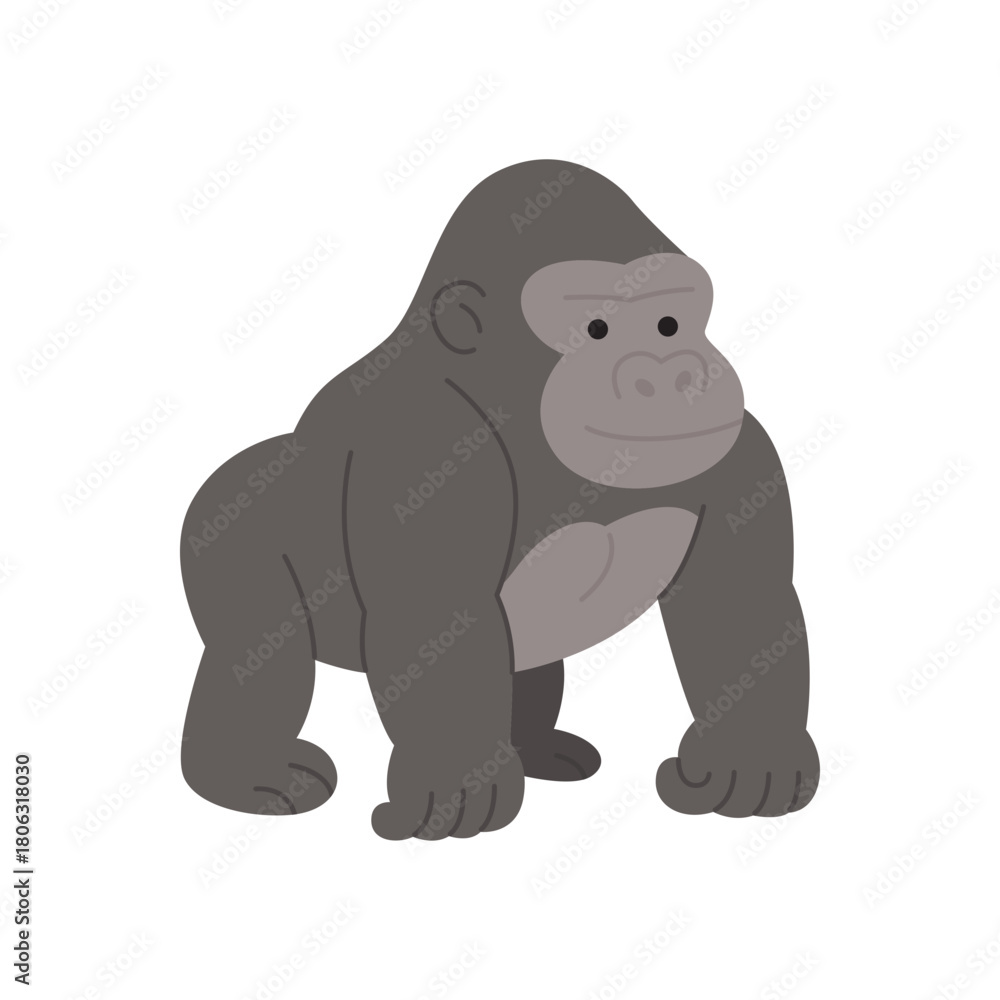 Fototapeta premium Gorilla cartoon character, large gray and happy, suitable for children's books, educational materials, and jungle themed designs for print and digital media