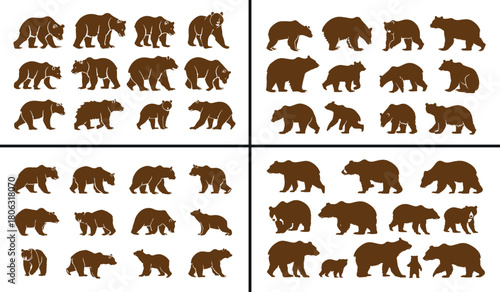 bear silhouette vector set, wildlife animal illustration, forest bear artwork, black silhouette animal design, grizzly bear outline, animal icon collection, nature bear vector, wildlife mammal art, ou