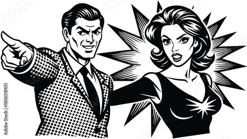 Retro Man Pointing and Surprised Woman Vector