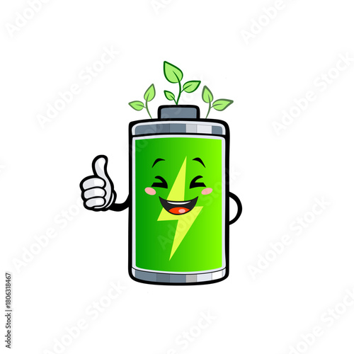 Illustration of a health battery mascot with a healthy green plant color.