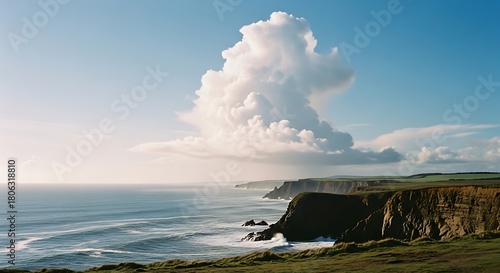 Coastal Cliffs Under a Dramatic Sky with a Large Cloud Formation.