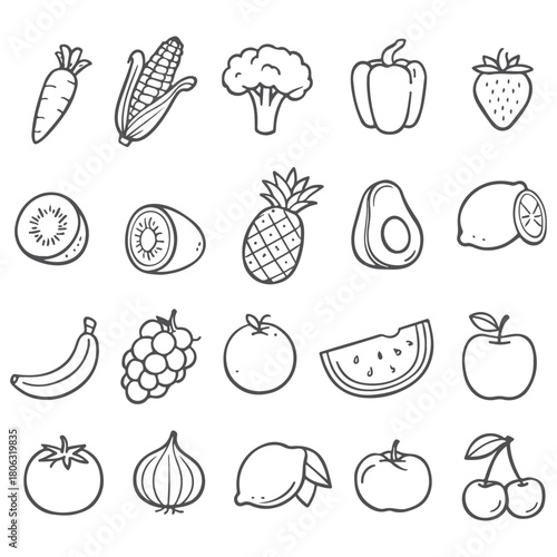 Collection of Fresh Fruits and Vegetables Hand Drawn Sketch Style.