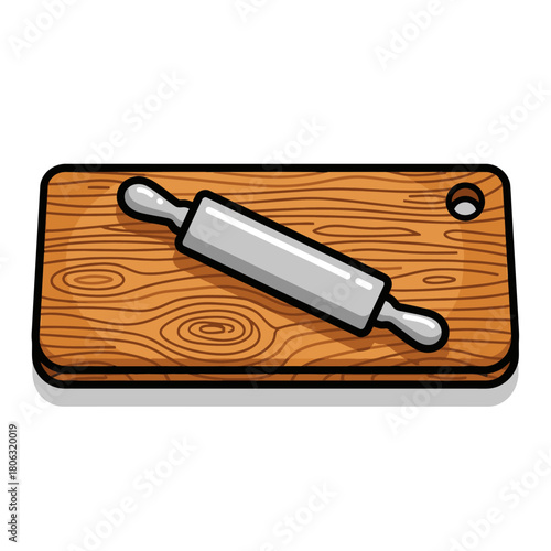 A charming cartoon illustration depicts a classic silver rolling pin resting neatly on a rustic wooden cutting board, perfect for all your baking and cooking needs.