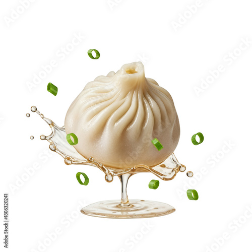 Delicate Xiao Long Bao dumpling amidst a cascade of savory broth and scallion accents showcases culinary artistry